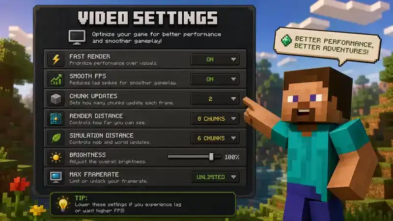 An artistic representation of the Minecraft video settings menu highlighting FPS optimization options.