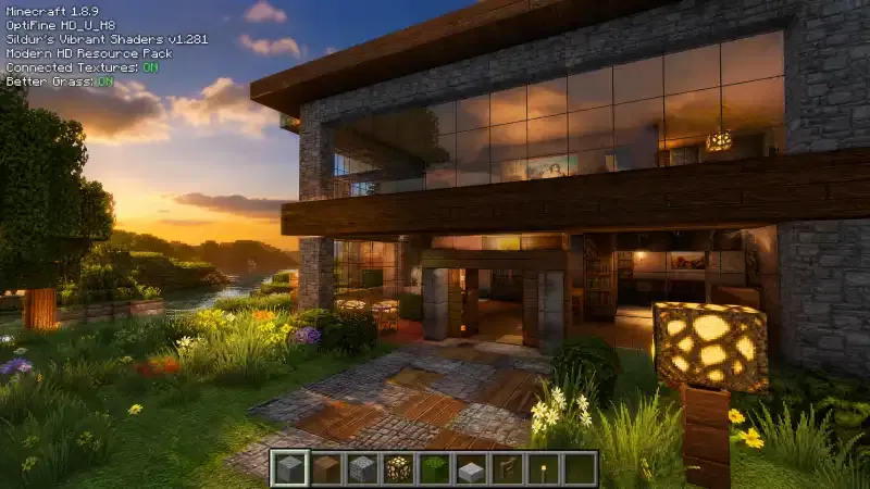 Minecraft OptiFine 1.8.9 with shaders, HD texture pack, realistic lighting, and enhanced graphics for better performance