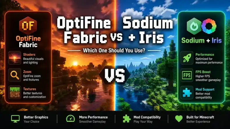 OptiFine Fabric vs Sodium and Iris comparison banner showing feature differences including shaders, zoom, textures, performance, FPS boost, and mod compatibility for Minecraft players