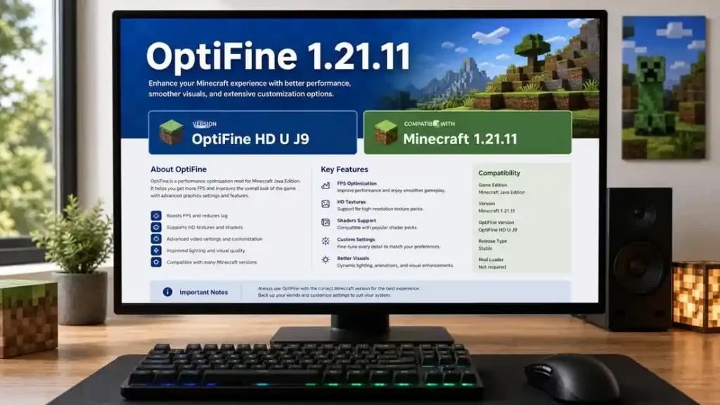 OptiFine 1.21.11 HD U J9 download page