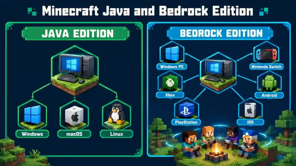 Minecraft Java and Bedrock crossplay platforms including PC, console, and mobile