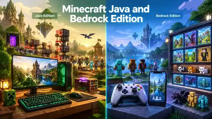 Minecraft Java and Bedrock Edition comparison showing PC, console, mobile, mods, and crossplay