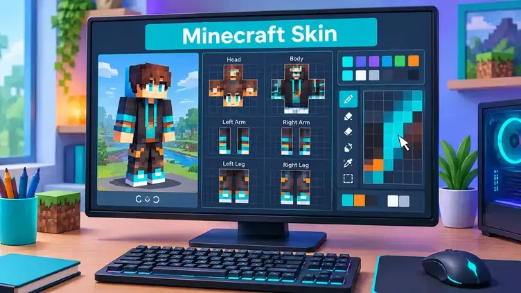 Minecraft skin editor showing a custom character and pixel template