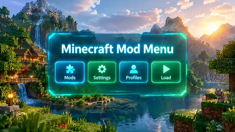 Minecraft mod menu interface with glowing neon buttons for Mods, Settings, Profiles and Load in a blocky world