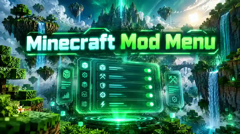 Futuristic Minecraft mod menu hologram with neon green energy lines hovering over floating islands and waterfalls