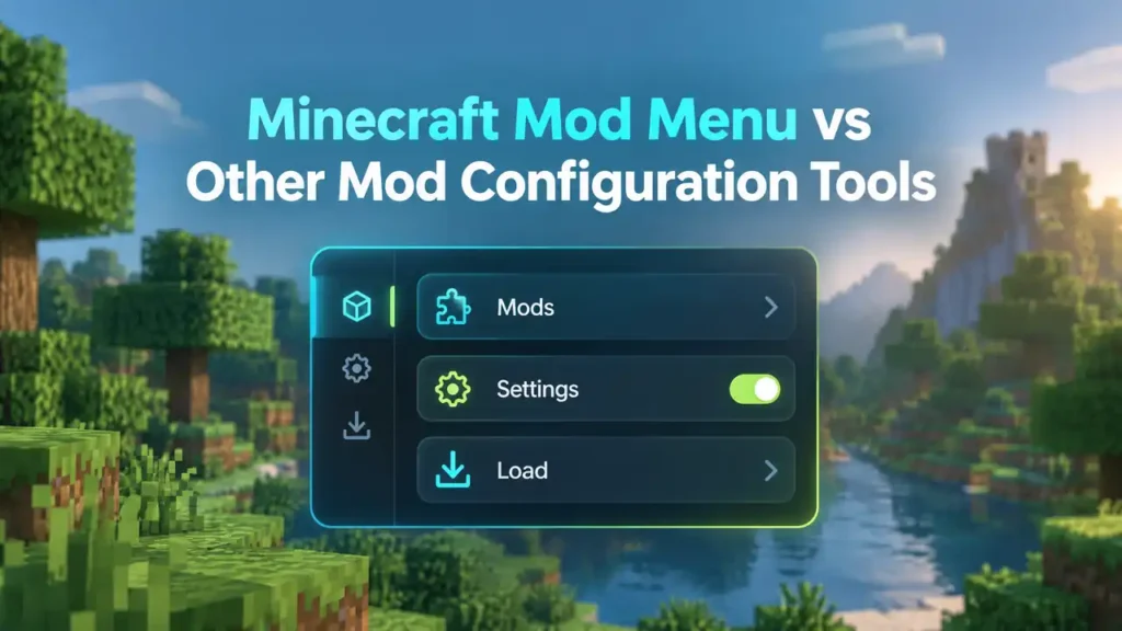Minimalist Minecraft mod menu on dark translucent panel with soft neon accents and blurred Minecraft background