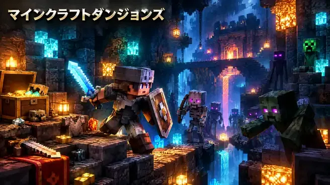 マインクラフトダンジョンズのゲーム画面をイメージしたダンジョン探索