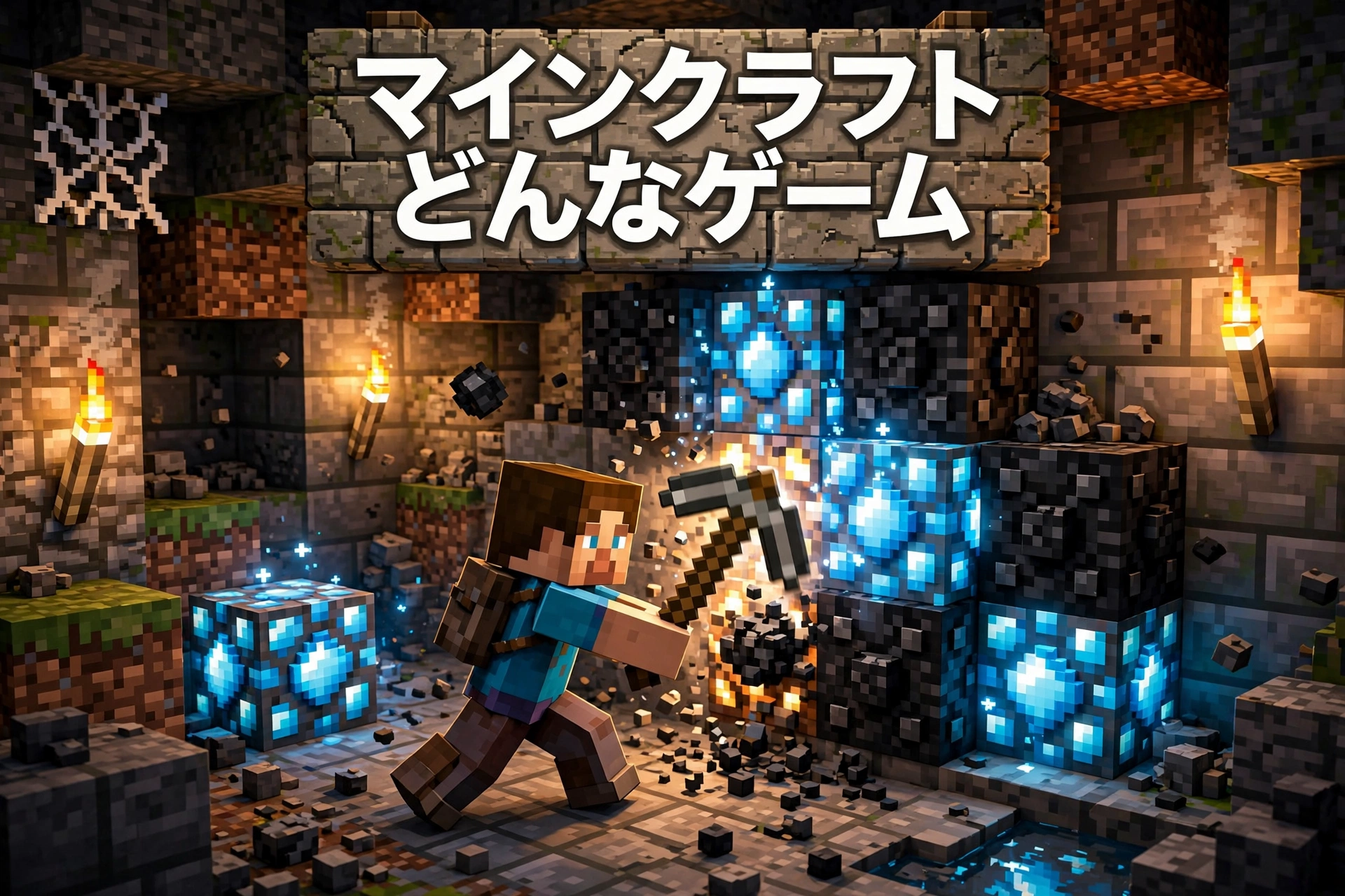 マインクラフト どんなゲーム：洞窟でダイヤモンドを掘るサバイバルの様子