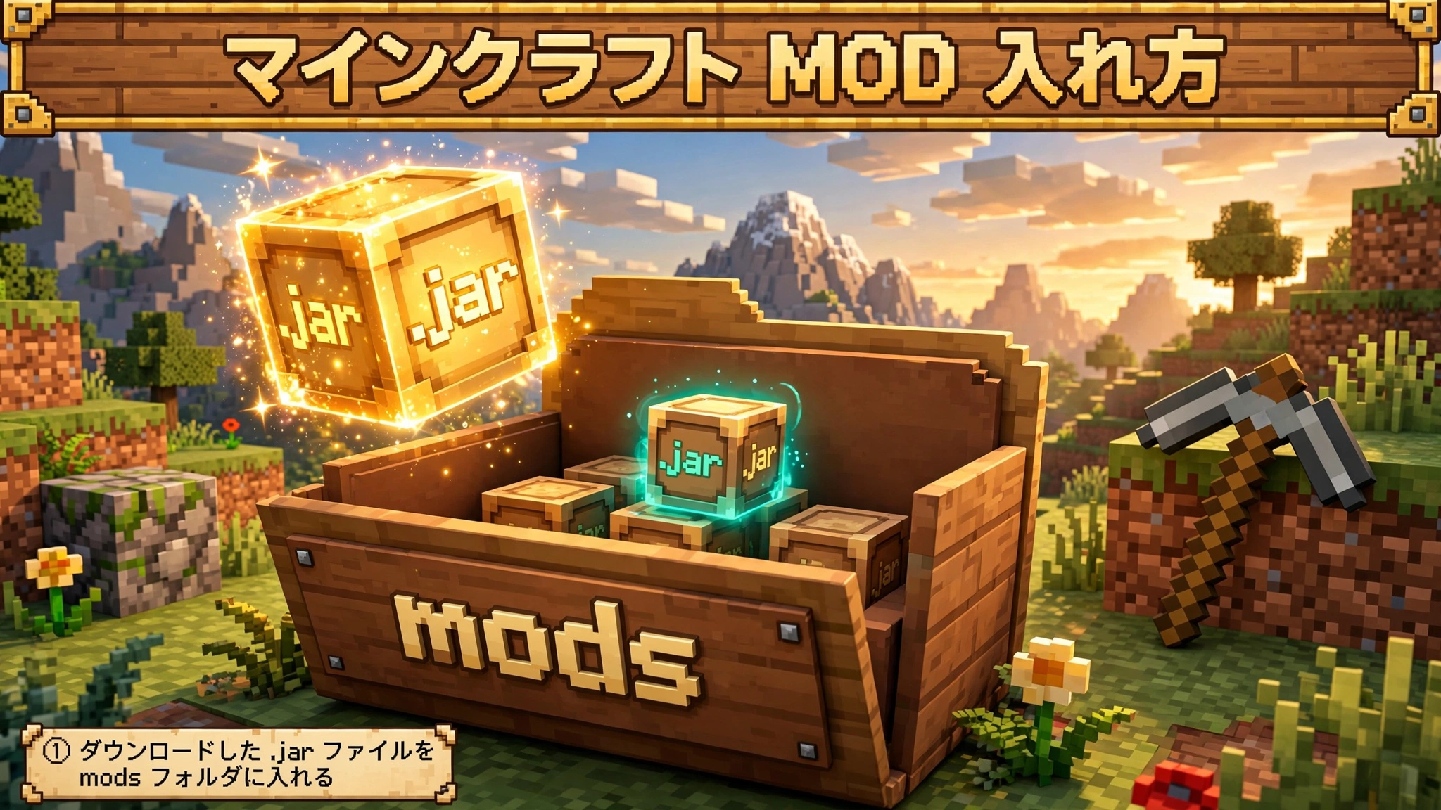 マインクラフト MOD 入れ方：ダウンロードした.jarファイルをmodsフォルダに入れる手順のイメージ