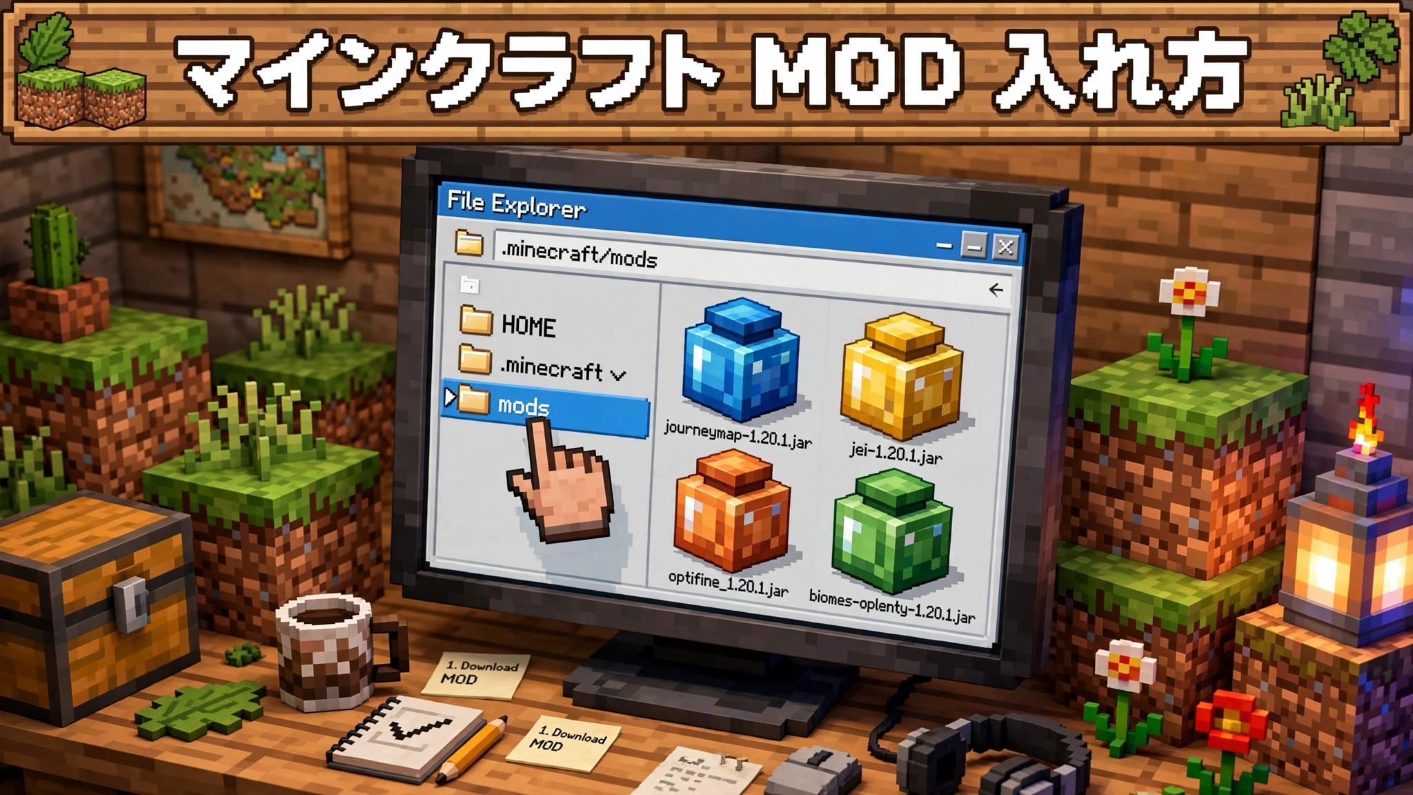 マインクラフト MOD 入れ方：.minecraftフォルダ内のmodsフォルダの場所を示すイメージ