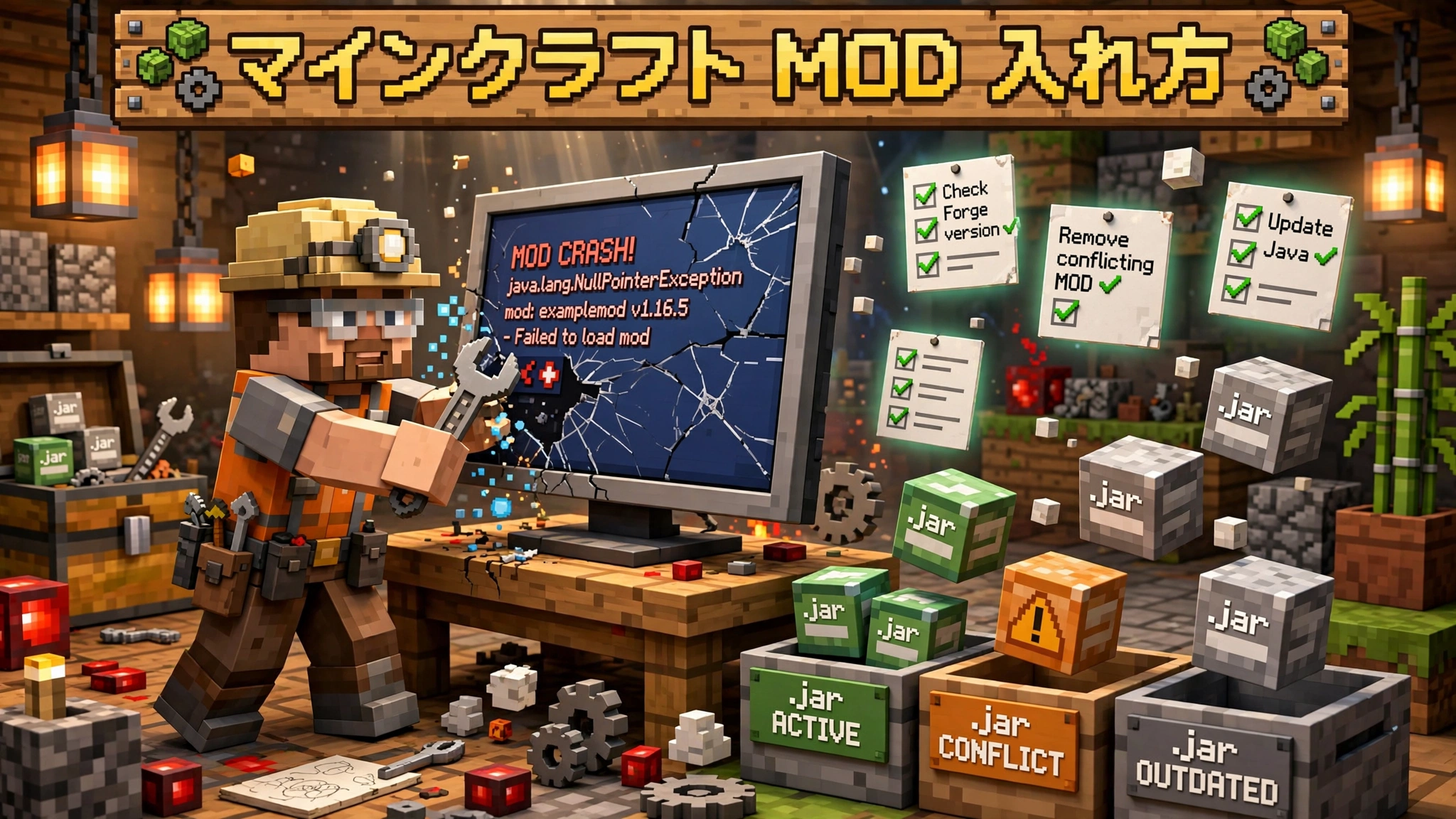 マインクラフト MOD 入れ方：MODのクラッシュ原因を特定して対処するイメージ