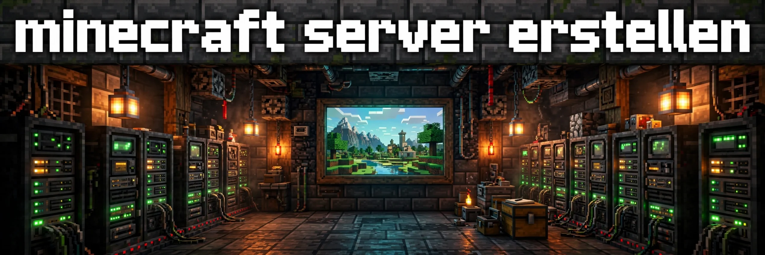 Minecraft Server erstellen – Serverraum mit Minecraft-Welt auf dem Bildschirm