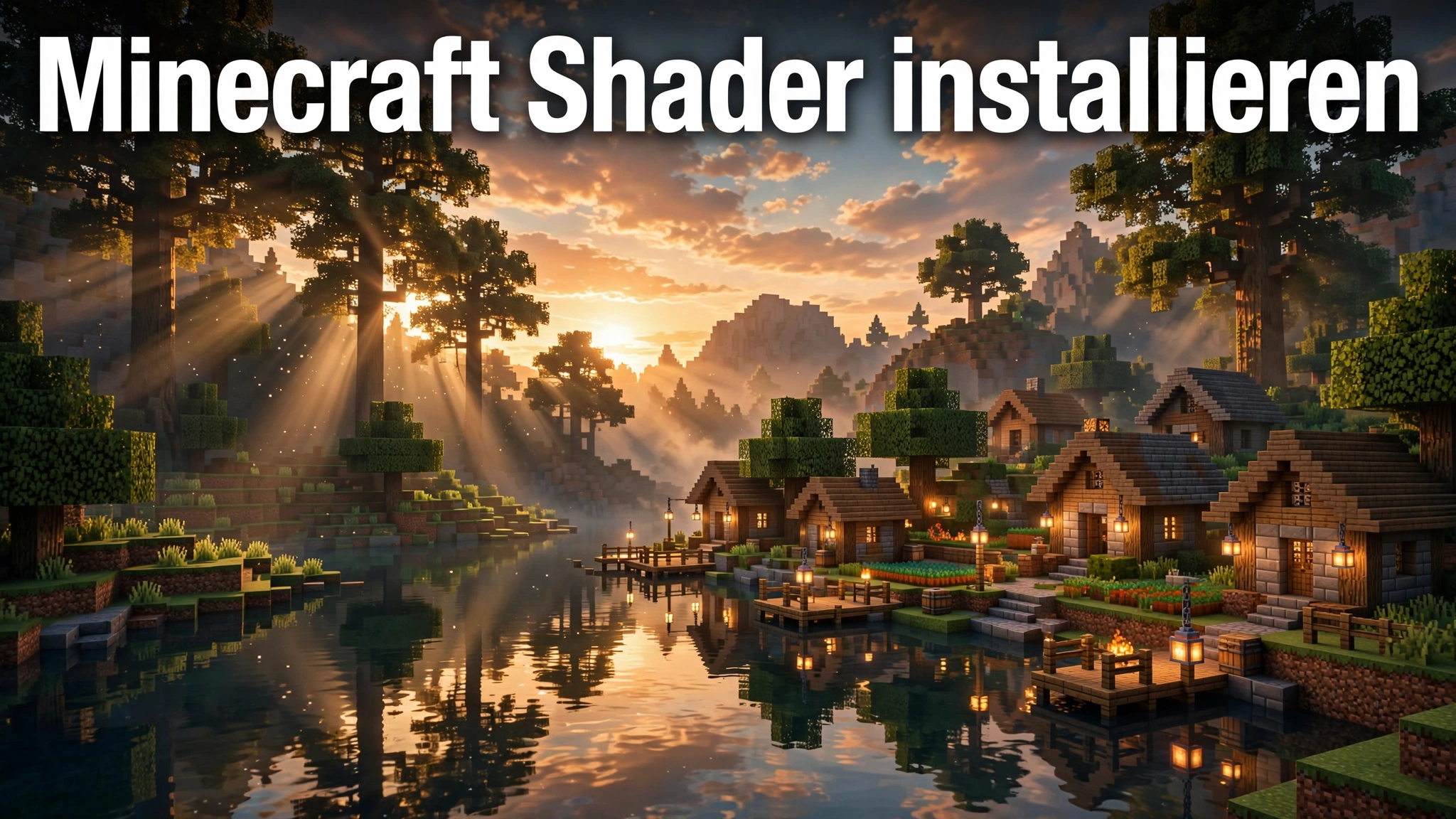 Minecraft Shader installieren – Shader-Landschaft mit Sonnenstrahlen und Wasserspiegelung
