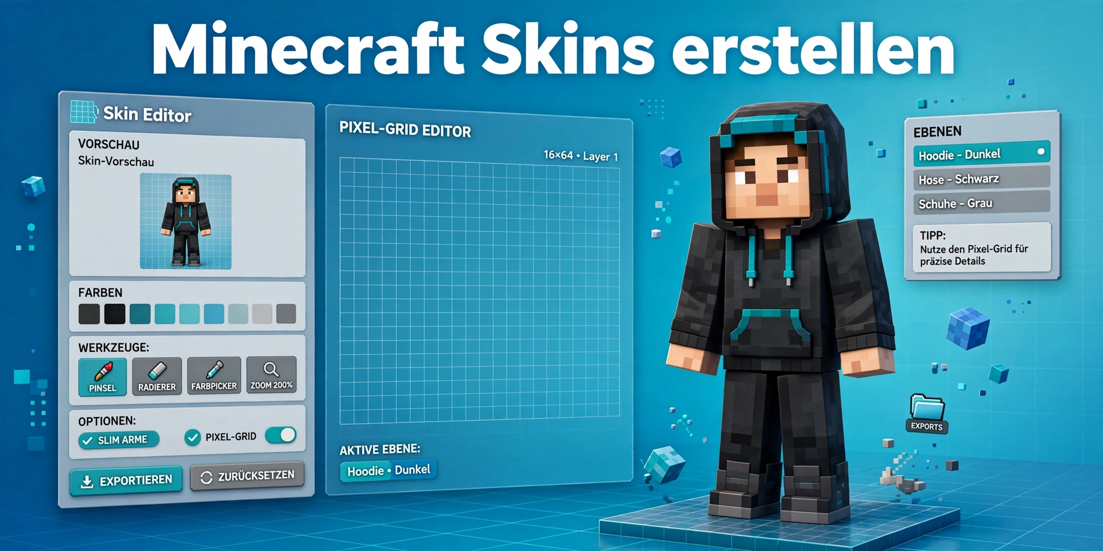 Minecraft Skins erstellen – Skin Editor mit 2D-Pixel-Grid und 3D-Vorschau